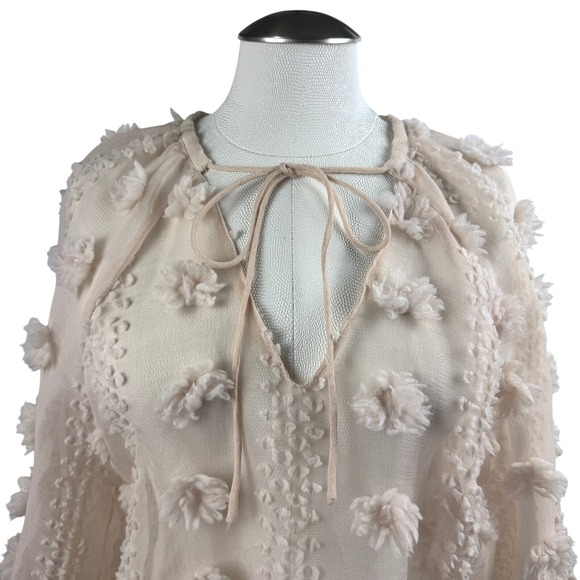 Zara Womens Blouse Beige Long Sleeve Pom Pom Detail Tie Neck Boho Chic Small - Picture 2 of 10